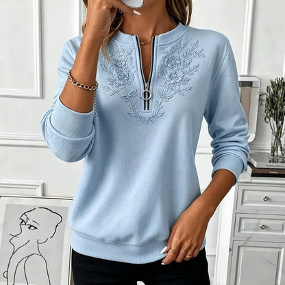 Women's Floral Embroidered Half Zip Sweatshirt Pullover