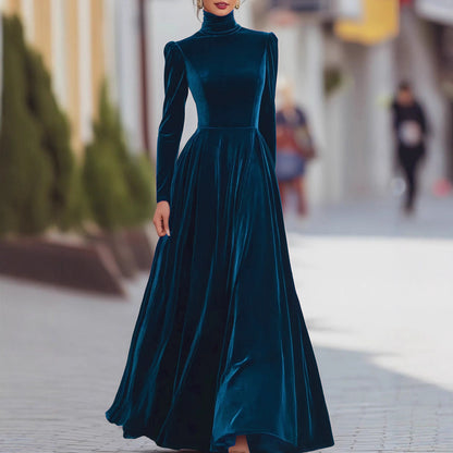 Elegant Velvet Turtleneck Long Sleeve Maxi Dress