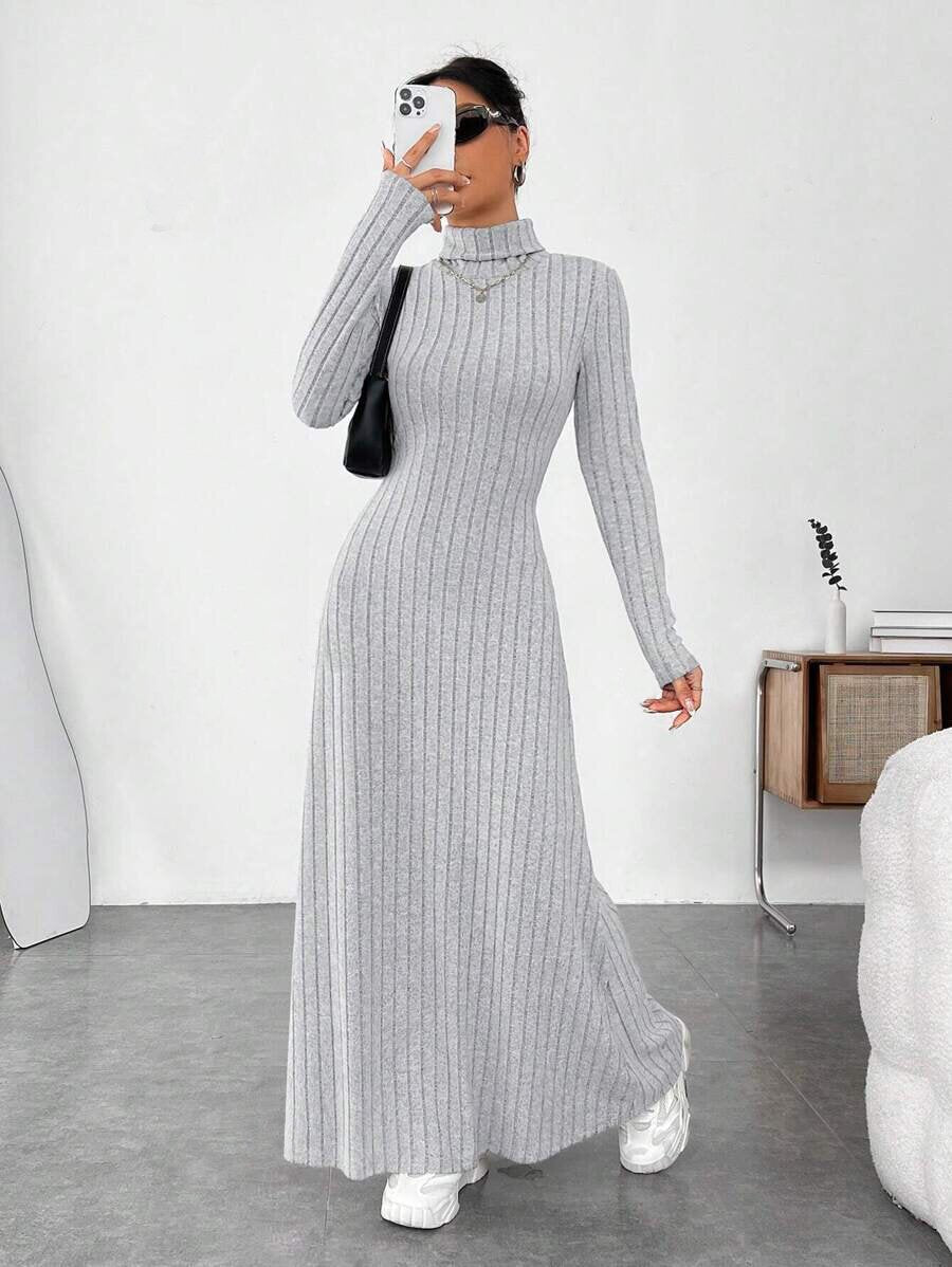 Women's Ribbed Turtleneck Long Sleeve A-Line Maxi Dress