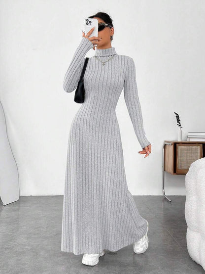 Women's Ribbed Turtleneck Long Sleeve A-Line Maxi Dress