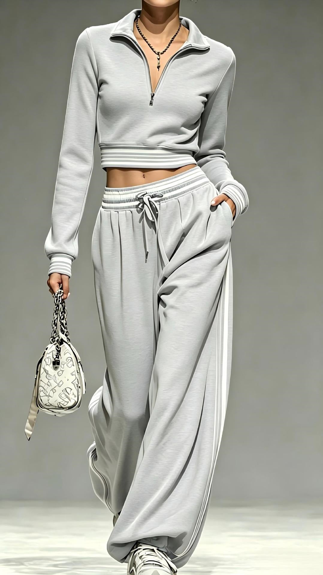 Women Two Piece Sweatsuit Crop Top Wide Leg Sweatpants Set