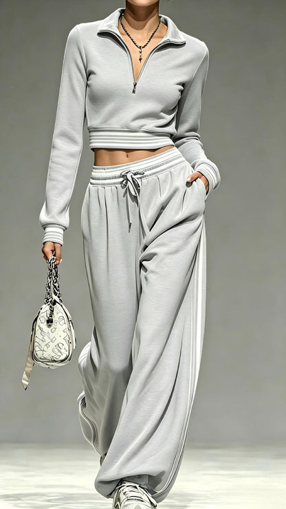 Women Two Piece Sweatsuit Crop Top Wide Leg Sweatpants Set