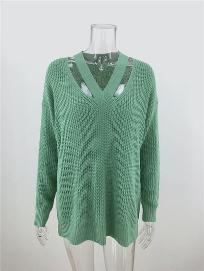 Women's Oversized V Neck Backless Chunky Knit Sweater