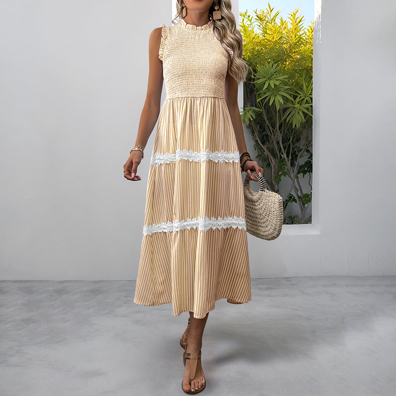 Sleeveless Striped Lace Midi Dress Ruffled A-Line Summer