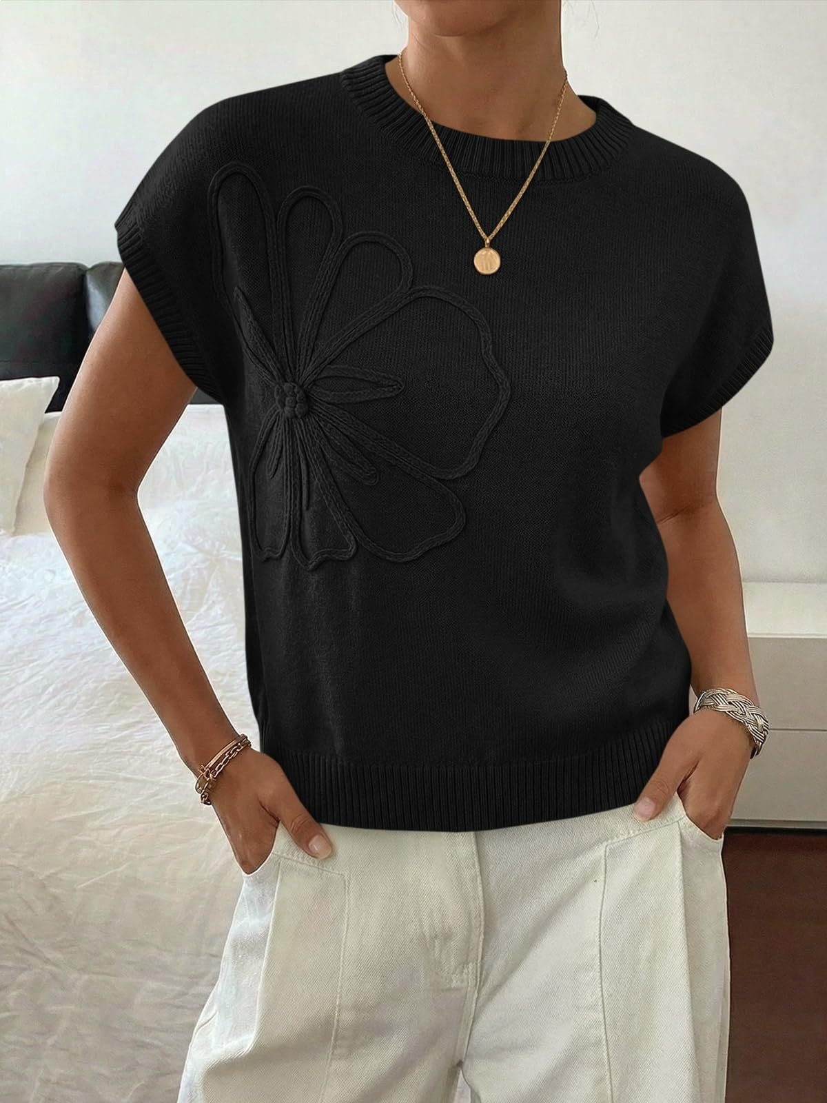 Floral Knit Sweater Short Sleeve Textured Summer Top