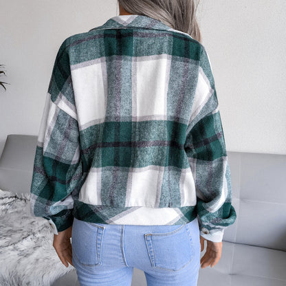 Women's Plaid Lantern Long Sleeve Tweed Jacket