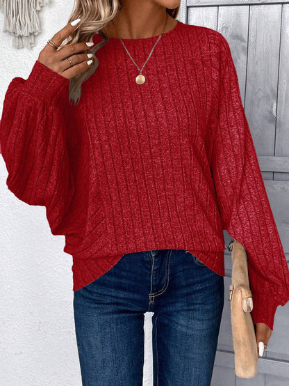 Plus Size Balloon Sleeve Ribbed Casual Fall Top