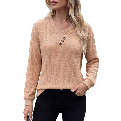 Women's V Neck Button Long Sleeve Textured Casual Blouse