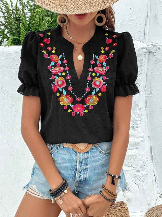 Floral Embroidered Puff Sleeve V Neck Chiffon Blouse