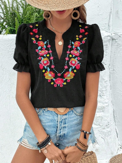 Floral Embroidered Puff Sleeve V Neck Chiffon Blouse