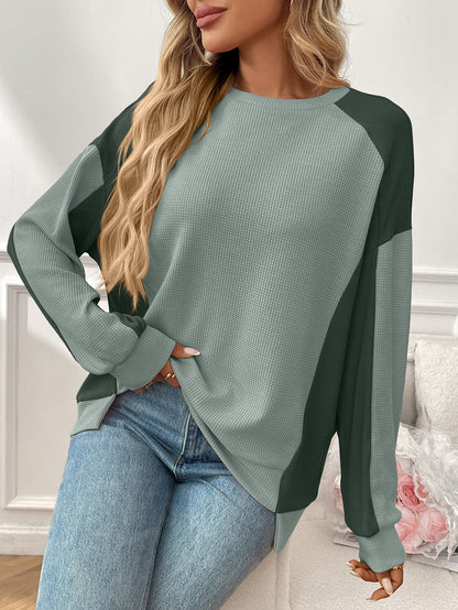 Color Block Waffle Knit Long Sleeve Pullover Top