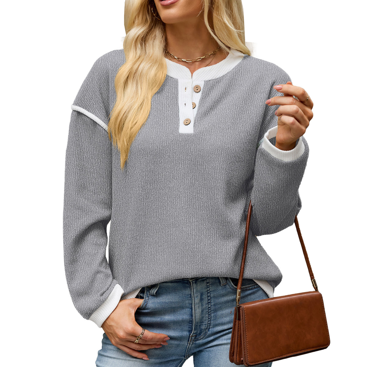Women's Color Block Henley Long Sleeve Oversized Top