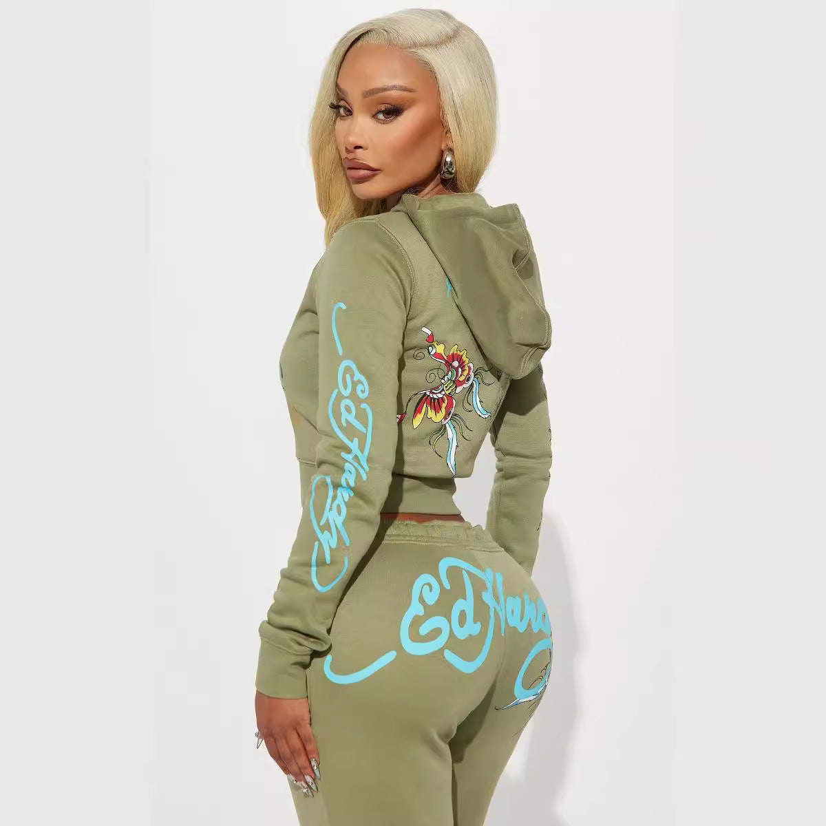 Olive Floral Hoodie Sweatpants 2PC Set
