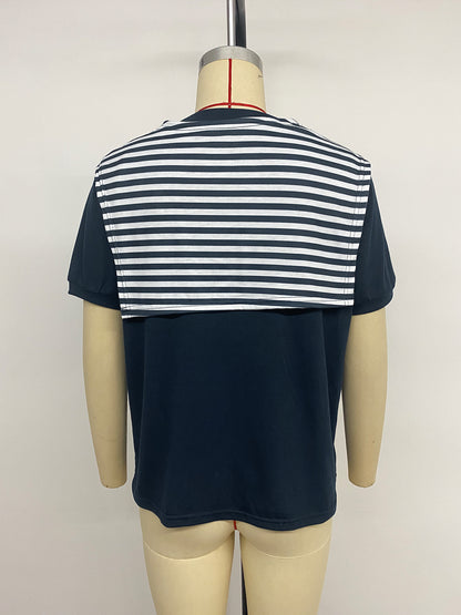 Navy Tee Striped Scarf Set Casual Short Sleeve Top