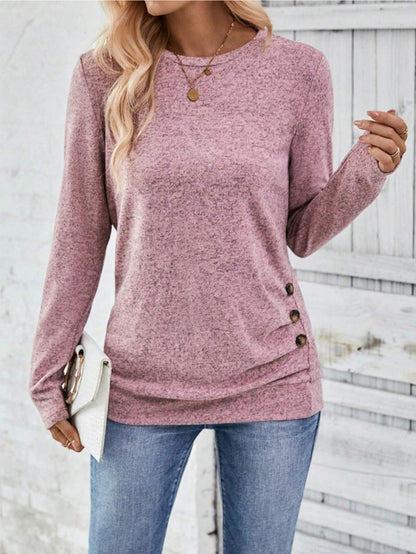 Women's Long Sleeve Crew Neck Side Button Casual Top