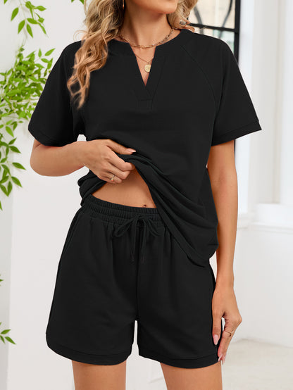 V Neck Knit Top and Drawstring Shorts Summer Set