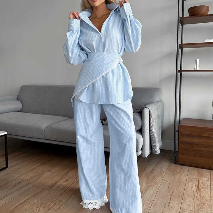 Women's Striped Shirt & Lace Trim Wide Leg Pants Set