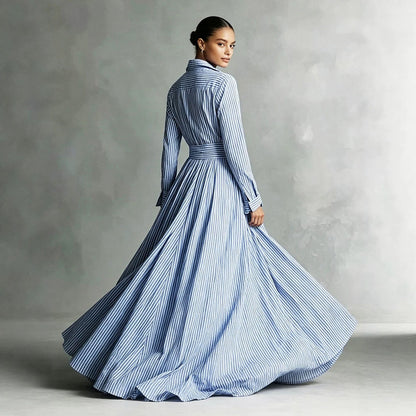 Striped Maxi Shirt Dress Long Sleeve Button Down High Waist