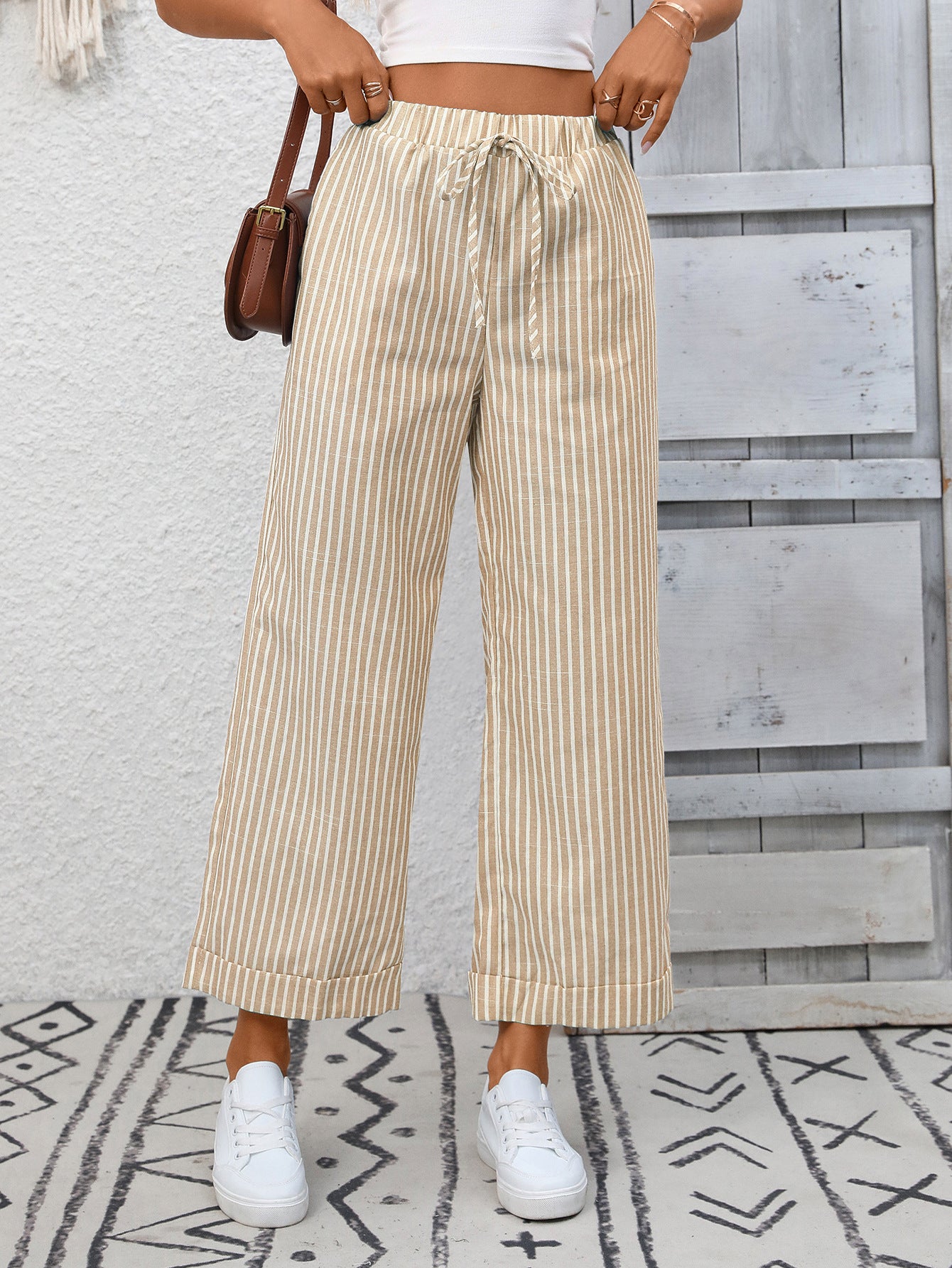 Striped High Waist Drawstring Wide Leg Summer Pants