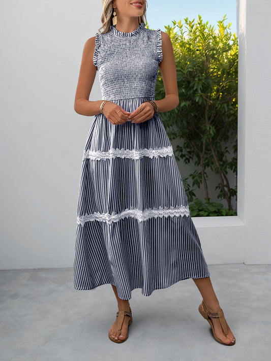 Sleeveless Striped Lace Midi Dress Ruffled A-Line Summer