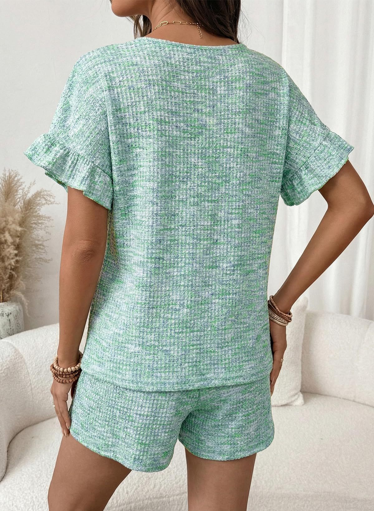 Textured Knit Lounge Set Ruffle Sleeve Drawstring