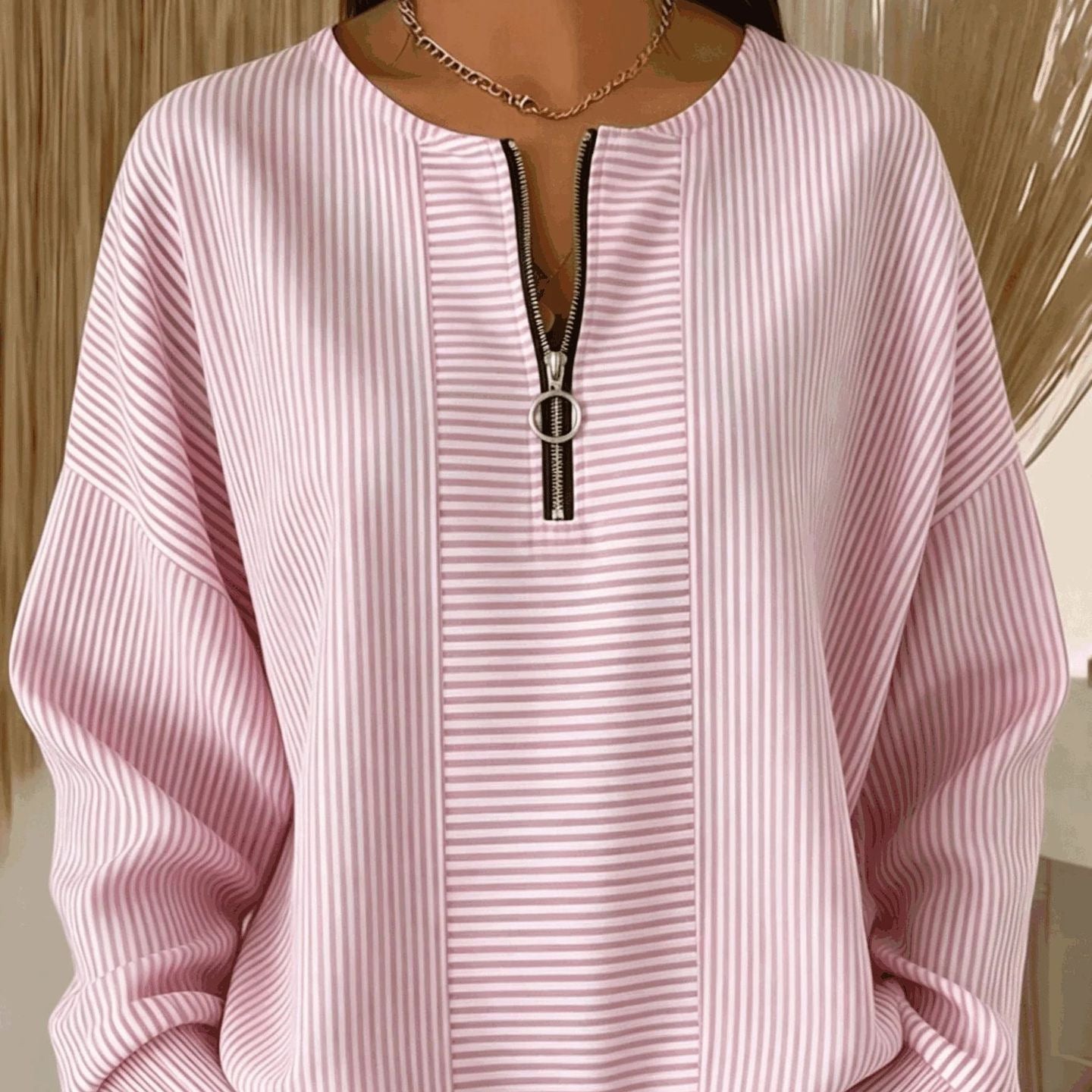 Women's Oversized Striped Half Zip Long Sleeve Top