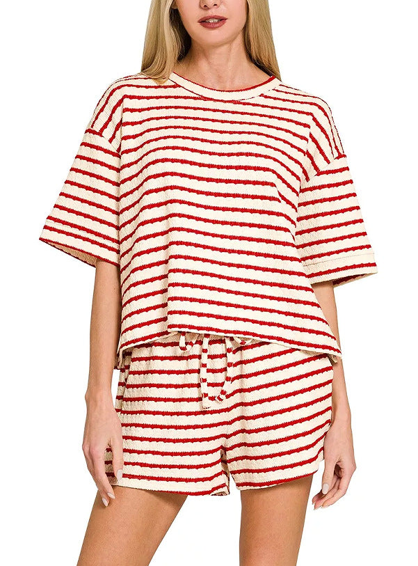 Stripe Textured Knit Lounge Set Casual Shorts Outfit