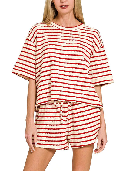 Stripe Textured Knit Lounge Set Casual Shorts Outfit