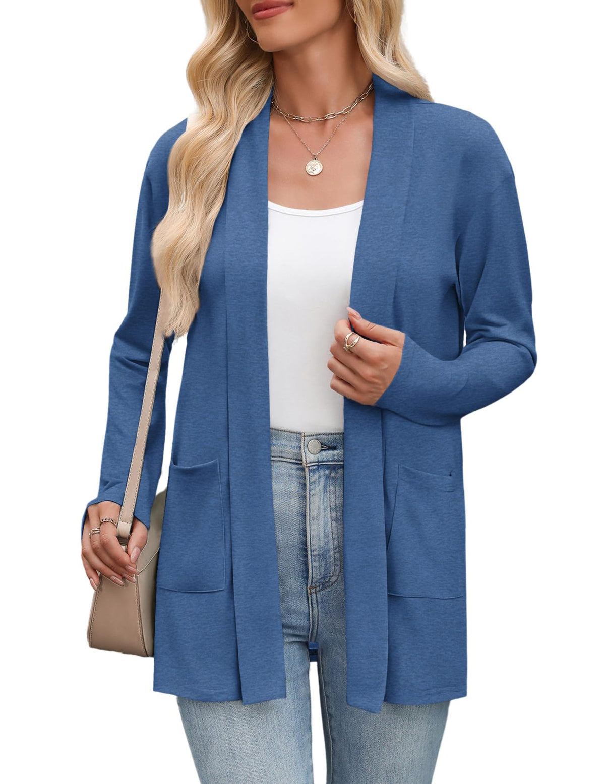 Women's Open Front Lightweight Cardigan Long Sleeve Pockets