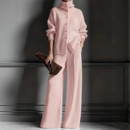 Women's Knit Turtleneck Cardigan Wide Leg Pants Set