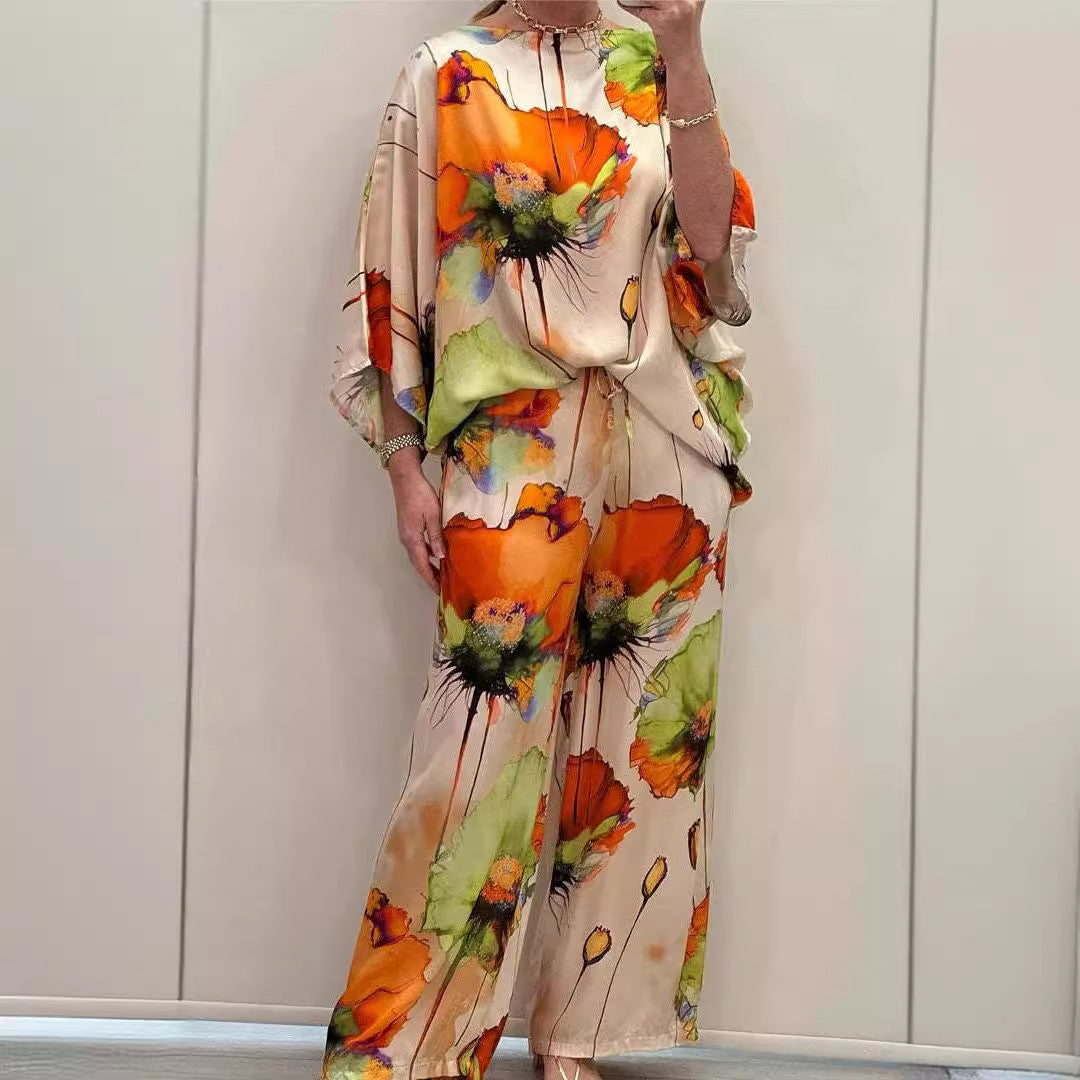 Women's Satin Floral Batwing Wide Leg Pants Set