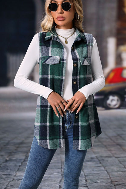 Plaid sleeveless shacket button front longline fit