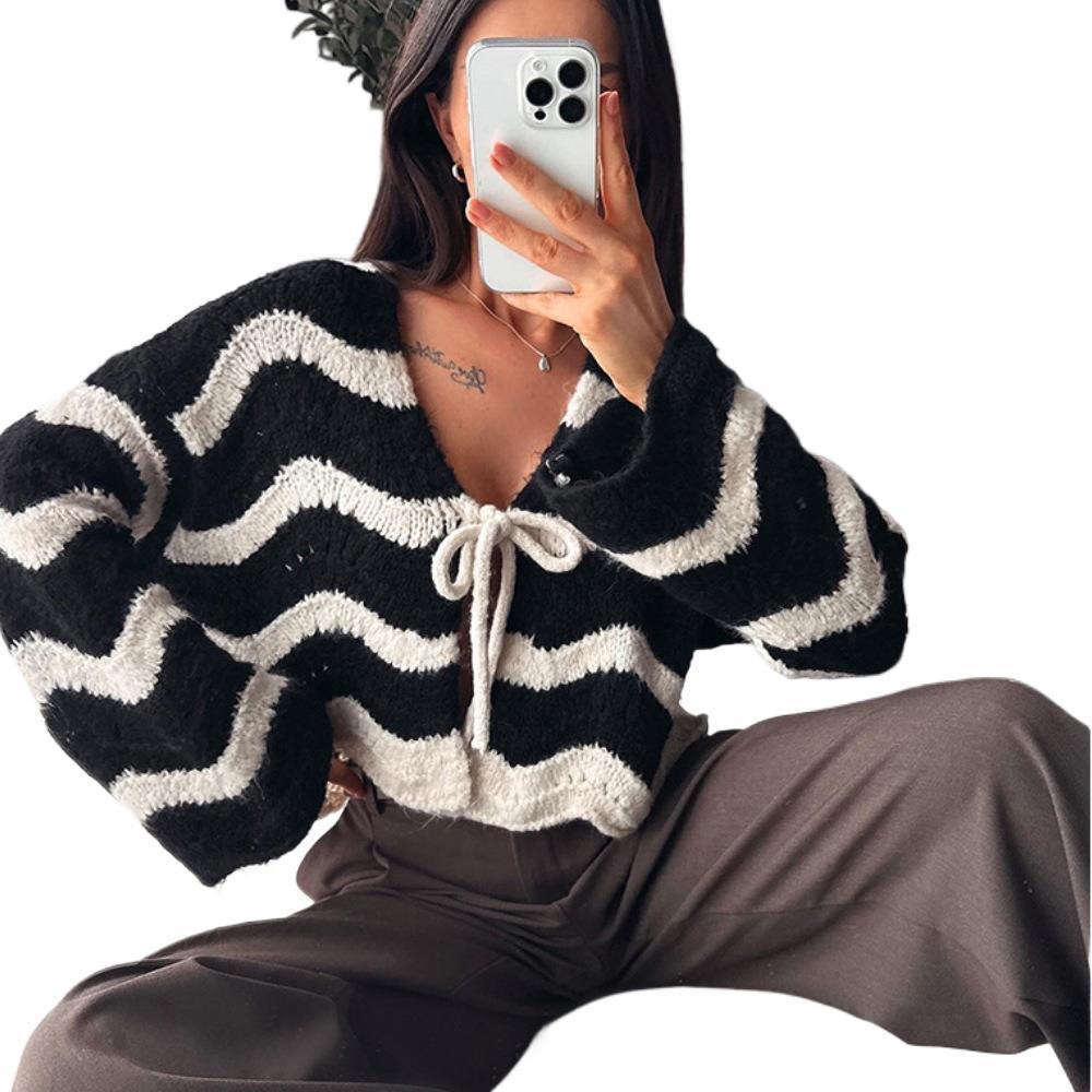 Women's Striped Tie Front Fuzzy Cardigan Sweater