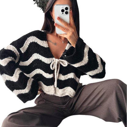Women's Striped Tie Front Fuzzy Cardigan Sweater