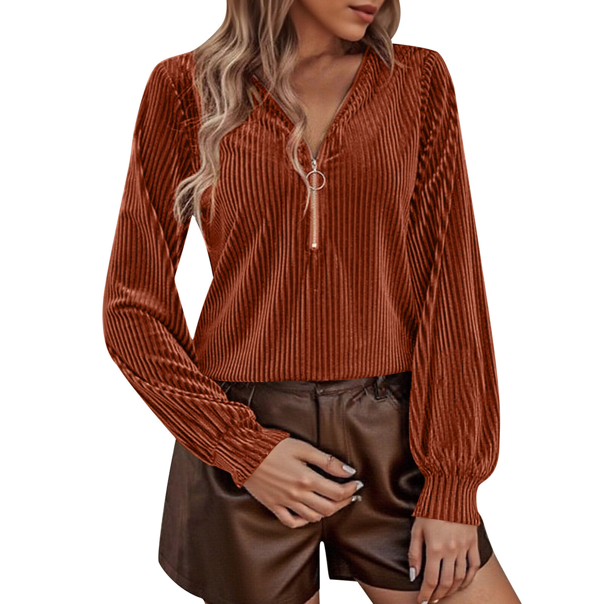 Women's Ribbed Velvet Half Zip V Neck Long Sleeve Top
