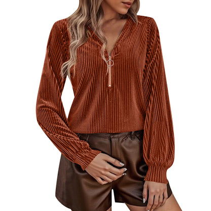Women's Ribbed Velvet Half Zip V Neck Long Sleeve Top