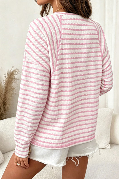 Textured Striped Long Sleeve Pullover Casual Knit Top