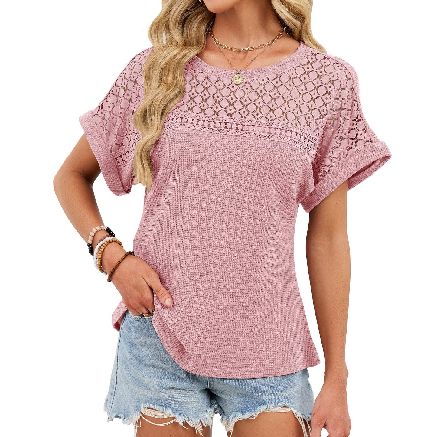 Crochet Lace Yoke Short Sleeve Waffle Knit Casual Top