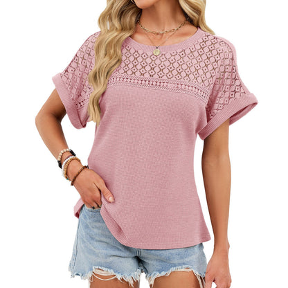 Crochet Lace Yoke Short Sleeve Waffle Knit Casual Top