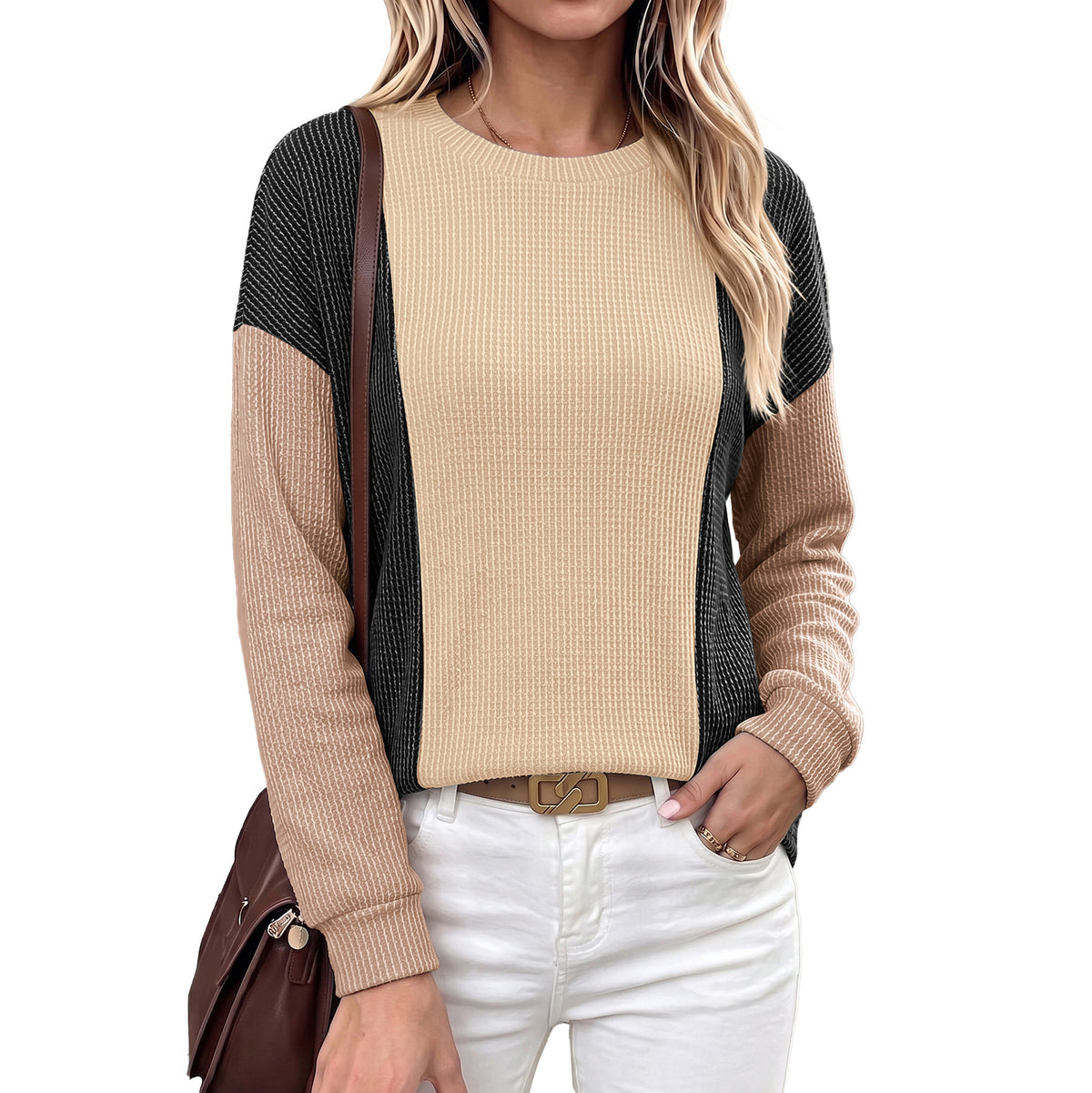 Color Block Waffle Knit Long Sleeve Crew Neck Top