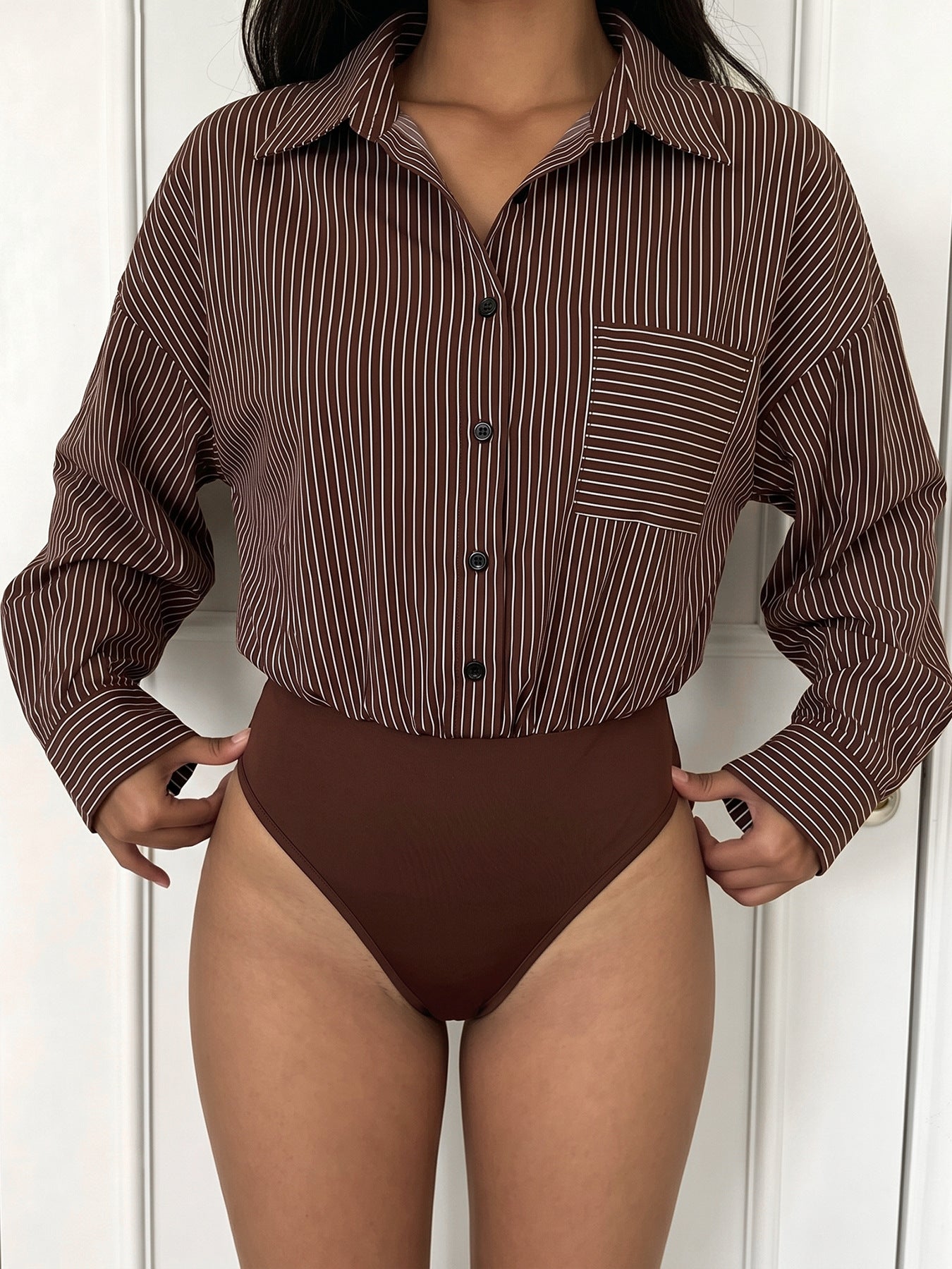 Striped Shirt Jumpsuit Button Front Cropped Pants