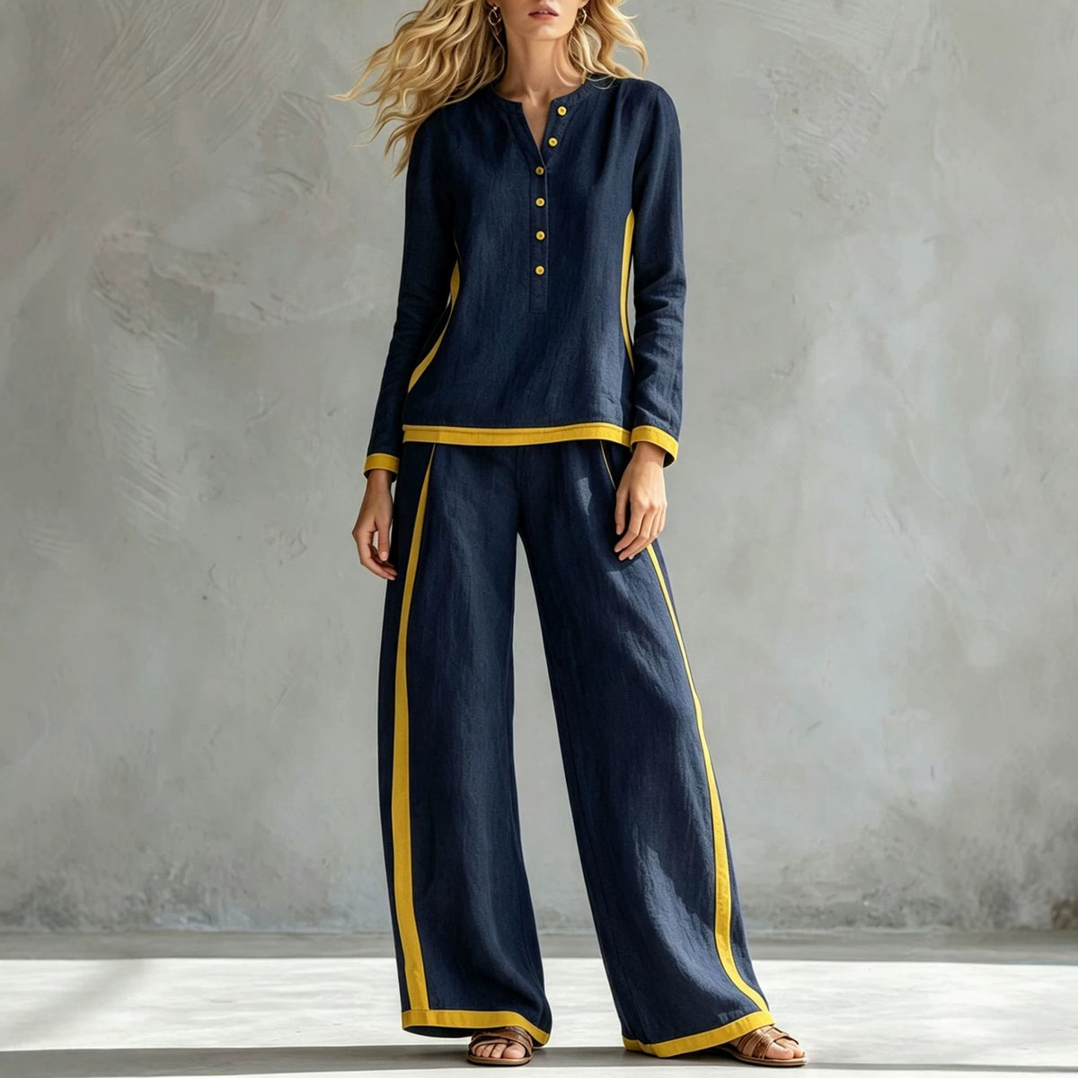 Women's Colorblock Wide Leg Pant Set Button Front Top