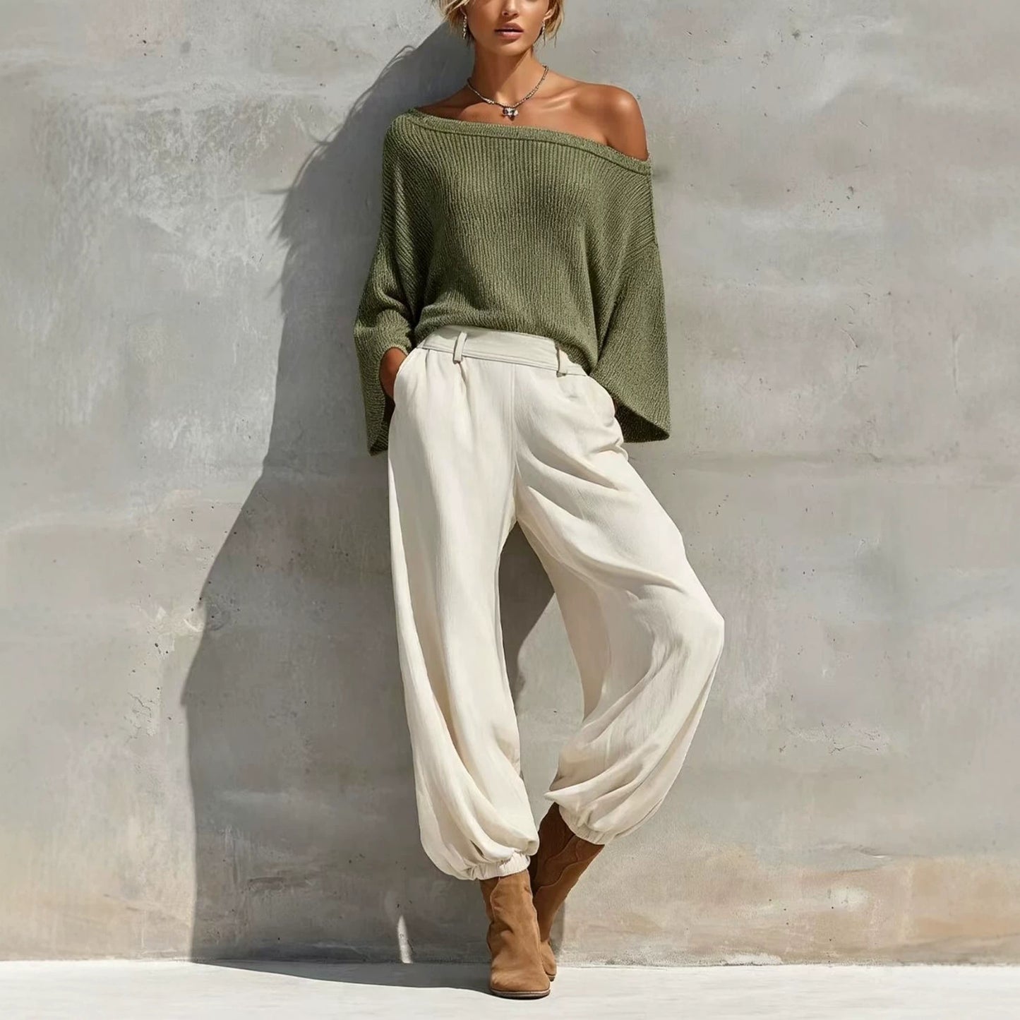 Women's Off Shoulder Knit Top & Wide Leg Pants Set