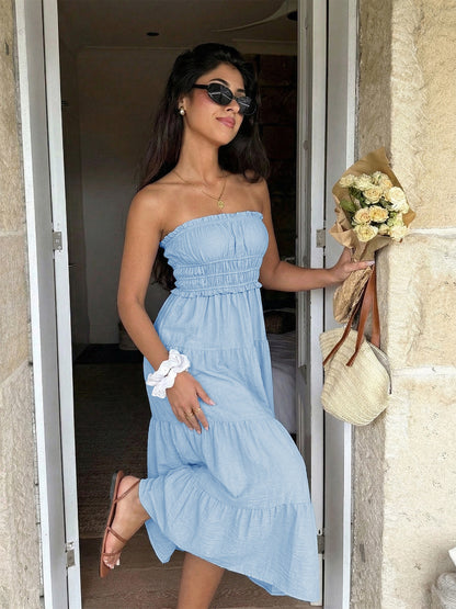 Women Strapless Smocked Tiered Maxi Dress Summer Beach Vacation