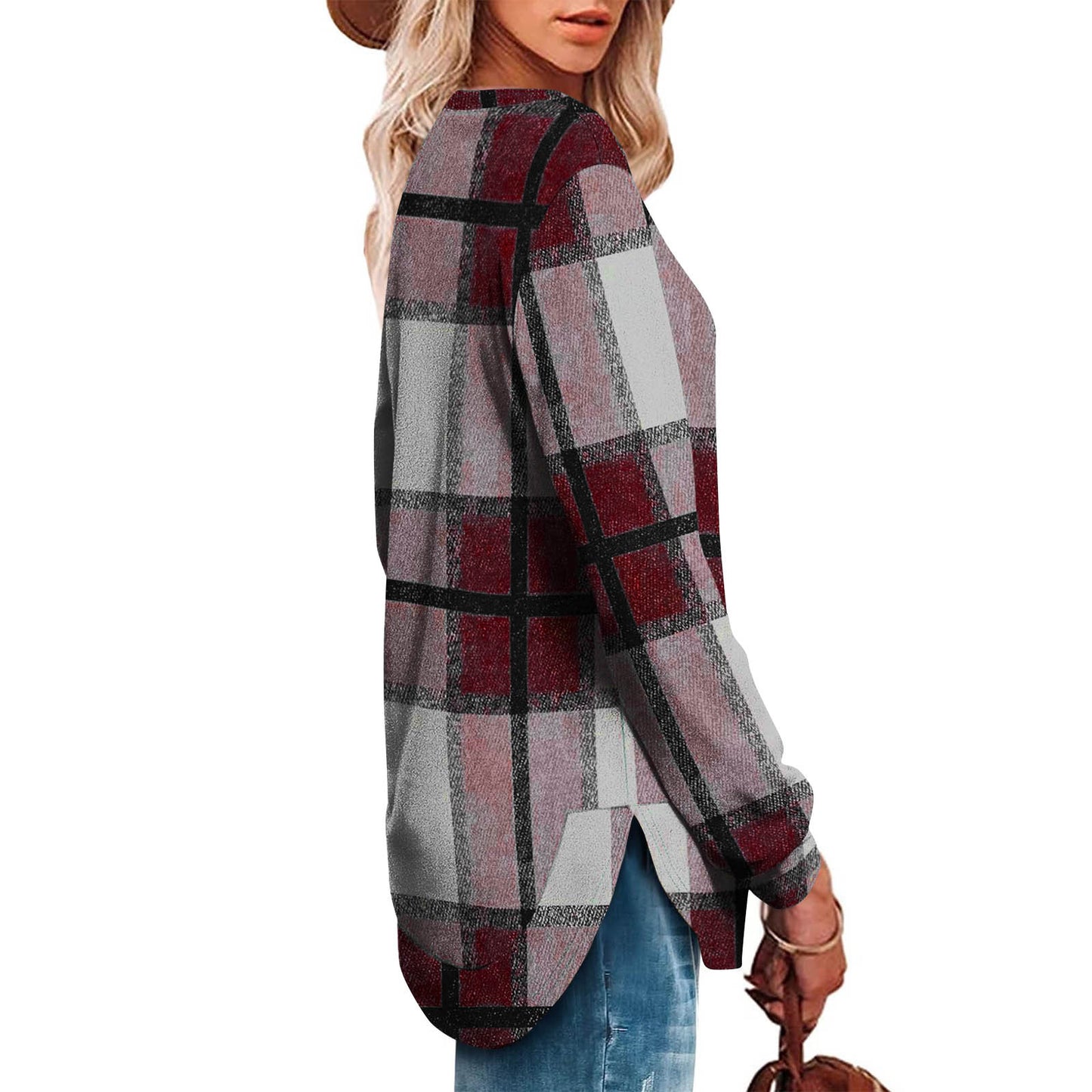 Women's Oversized Plaid Long Sleeve Tunic Top Curved Hem