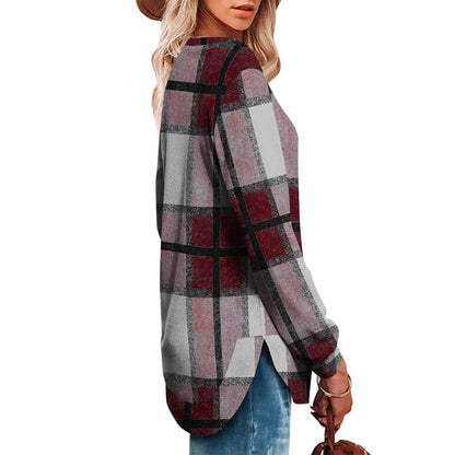 Women's Oversized Plaid Long Sleeve Tunic Top Curved Hem