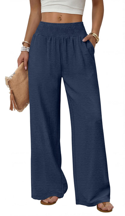 Women High Waisted Wide Leg Smocked Casual Pants