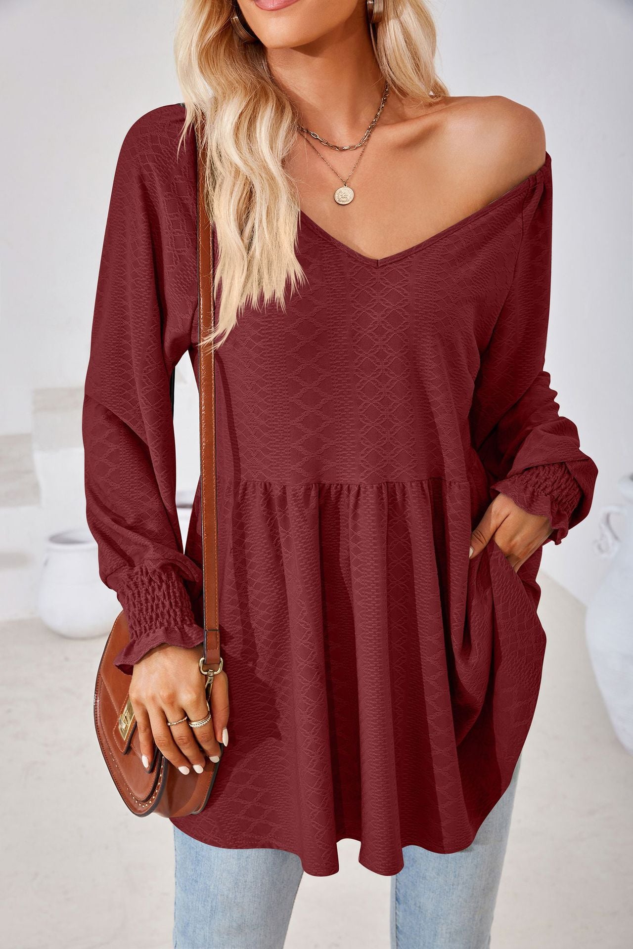 Women's V Neck Long Sleeve Textured Babydoll Tunic Top