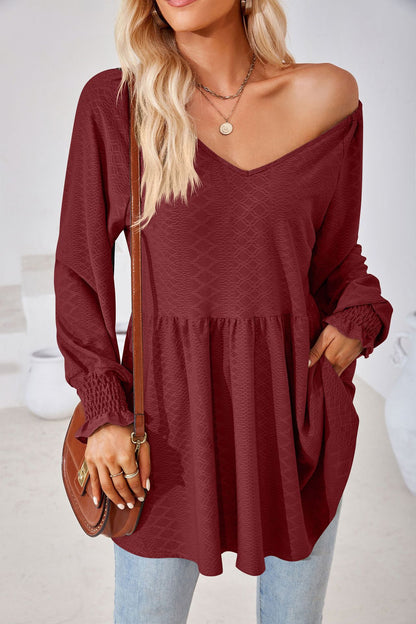 Women's V Neck Long Sleeve Textured Babydoll Tunic Top