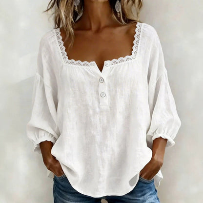 Women's Square Neck Puff Sleeve Button Loose Blouse Top